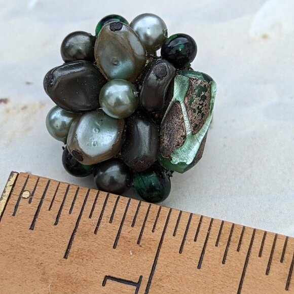 Vintage Cluster Beaded CLIP-ON Earrigns Glass Art Antique Beads Silvery Grey mix - Picture 5 of 11